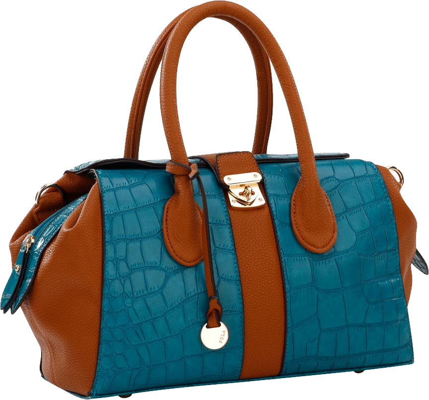Turquoise Blue And Brown Leather Tote Bag With Decorative Charms Transparent PNG