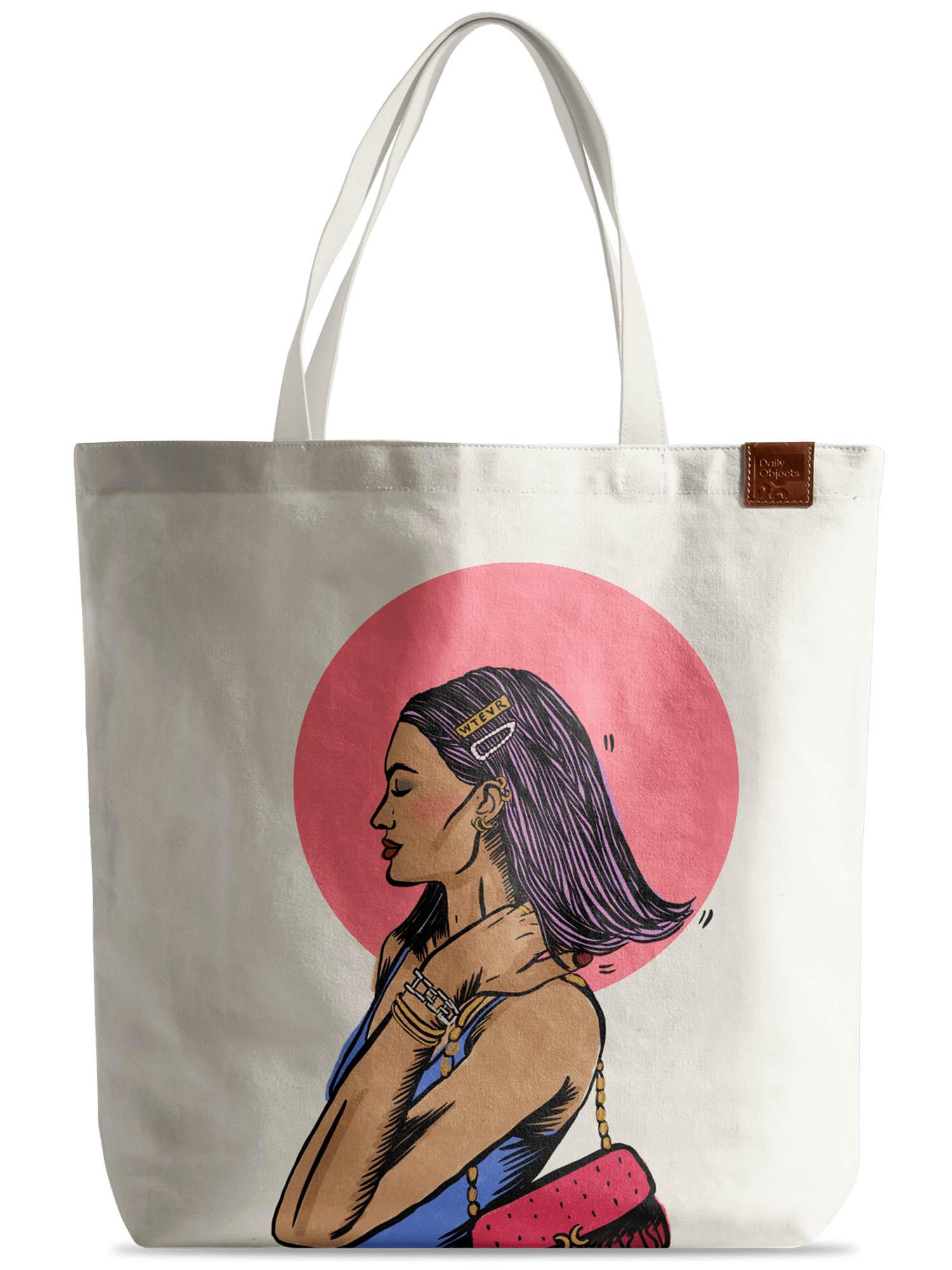 White Canvas Shopping Tote With Colorful Illustrated Woman Print PNG Image