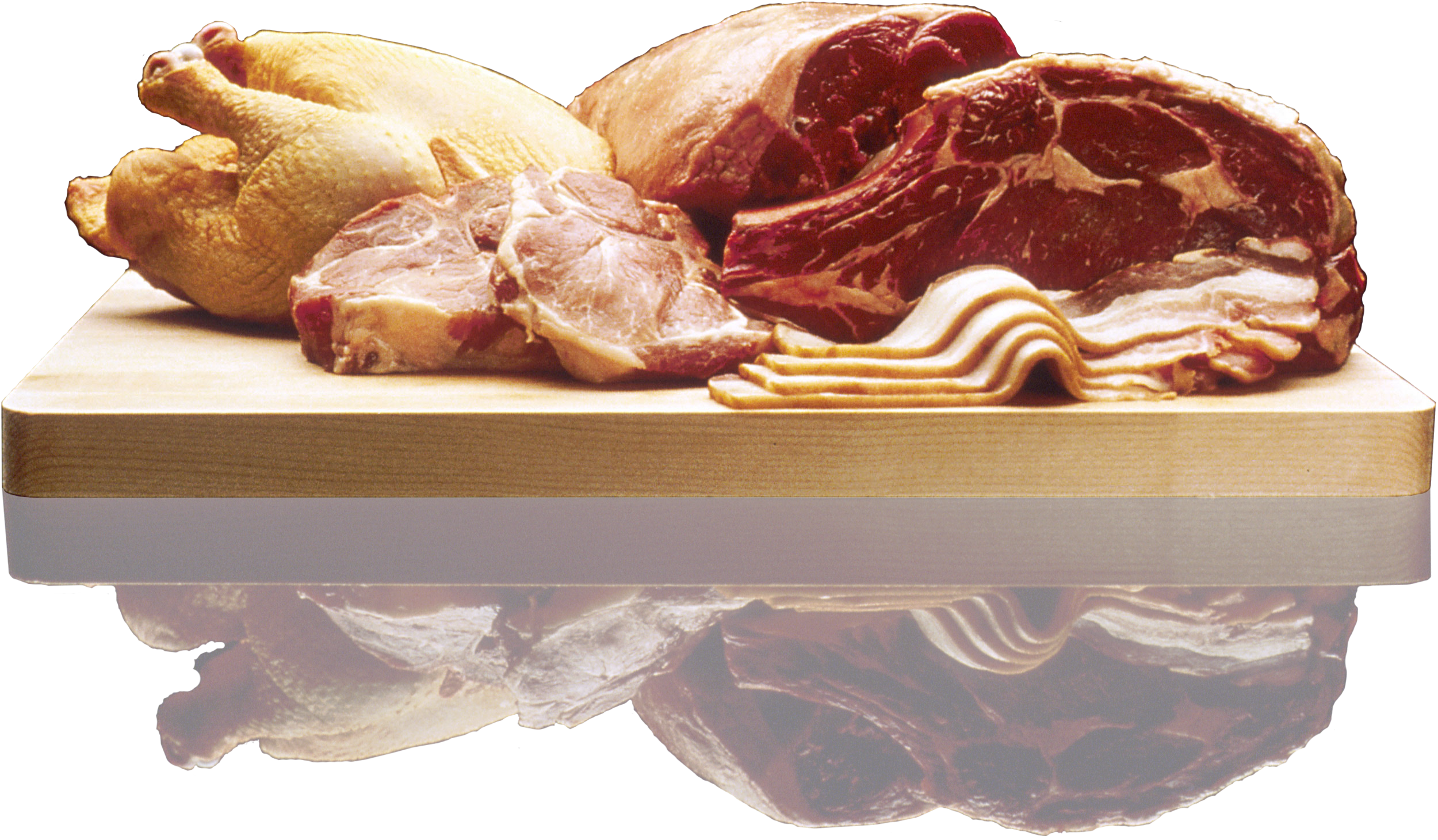 Assorted Raw Meat And Whole Chicken Displayed On Wooden Cutting Board PNG