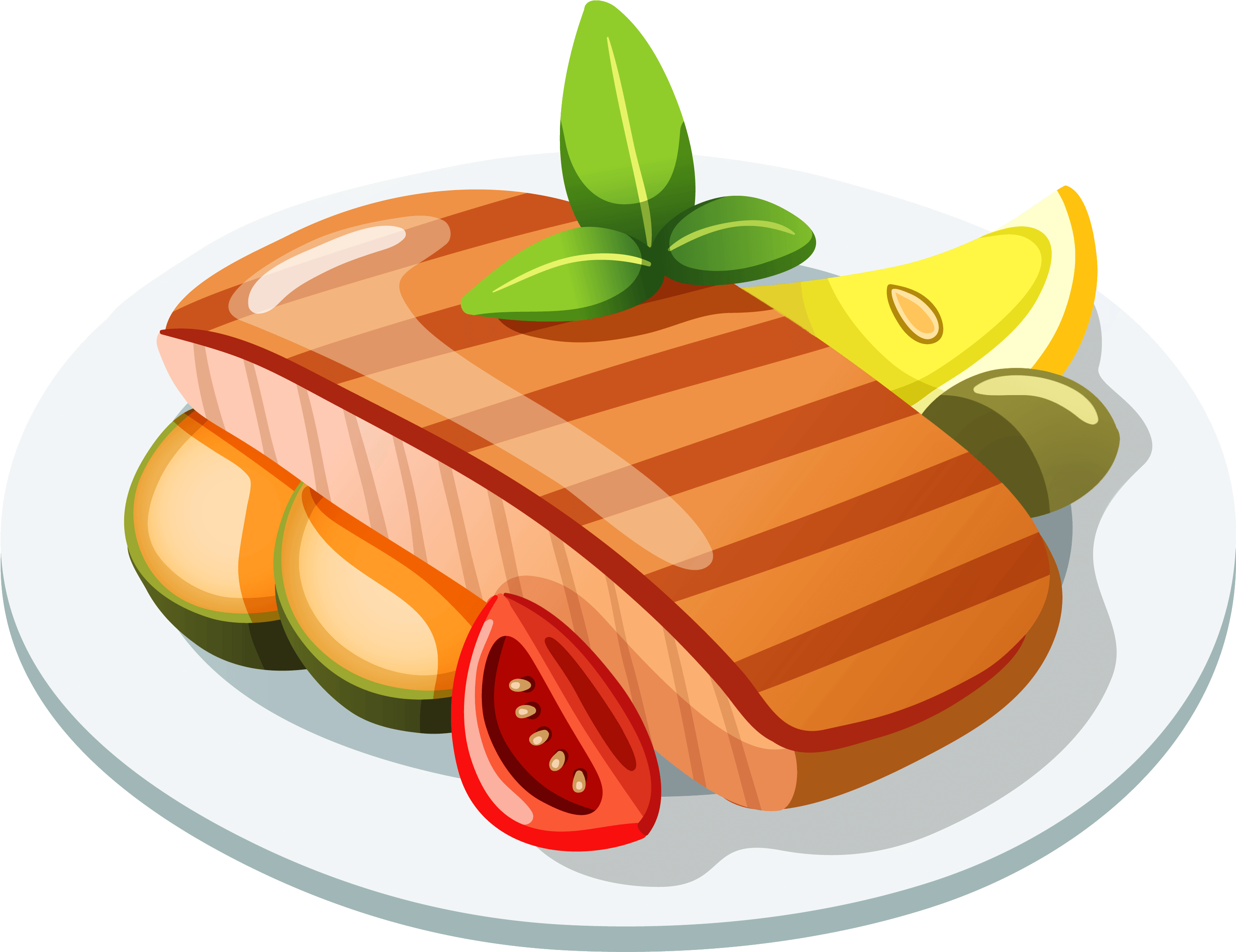 Grilled Fish Fillet With Lemon Tomato And Fresh Herbs Cartoon PNG Illustration