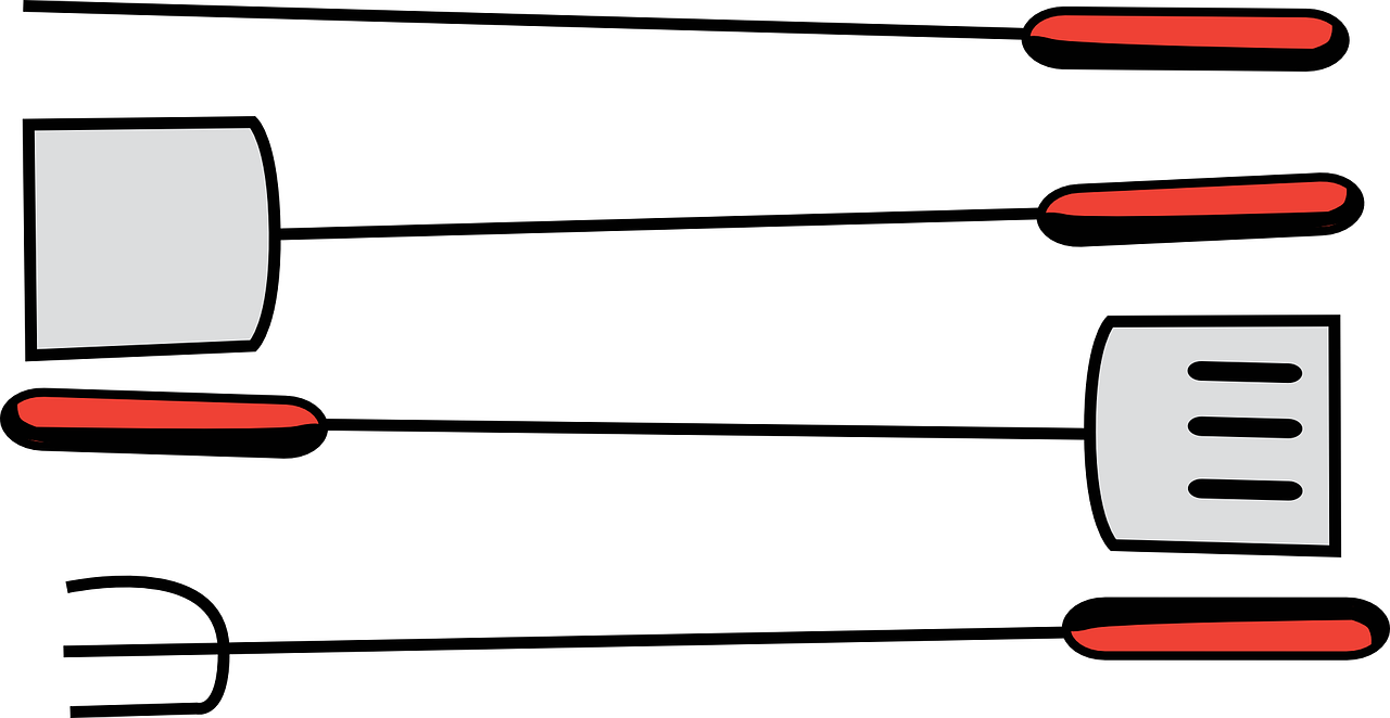 Barbecue Spatula Fork And Tongs Line Art With Red Handles PNG Graphic