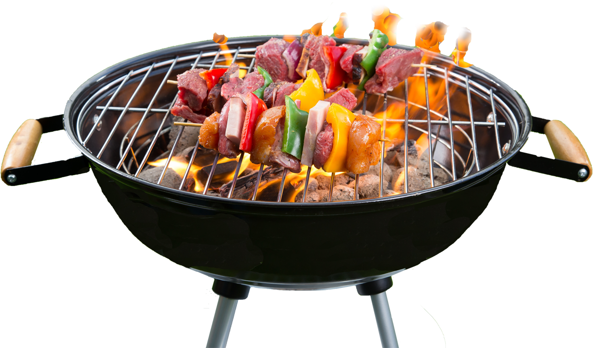 Black Kettle Grill Loaded With Colorful Meat And Vegetable Skewers PNG Image