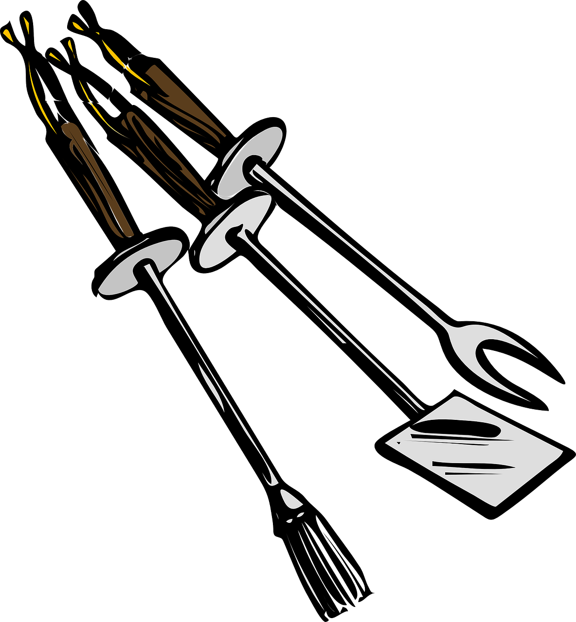 Black Outline Barbecue Tools With Tongs Spatula And Fork PNG Illustration
