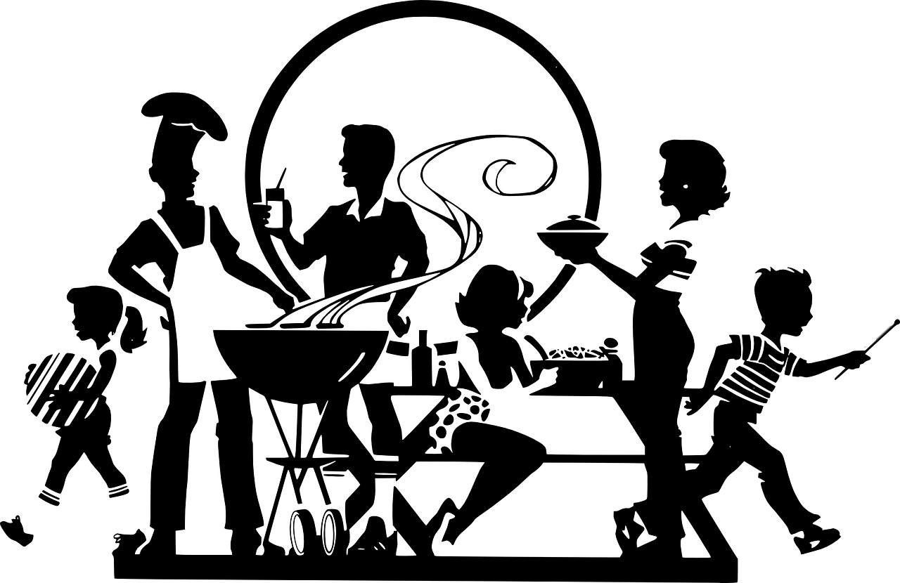 Black Silhouette Of Friends Enjoying A Backyard Barbecue Party PNG Graphic