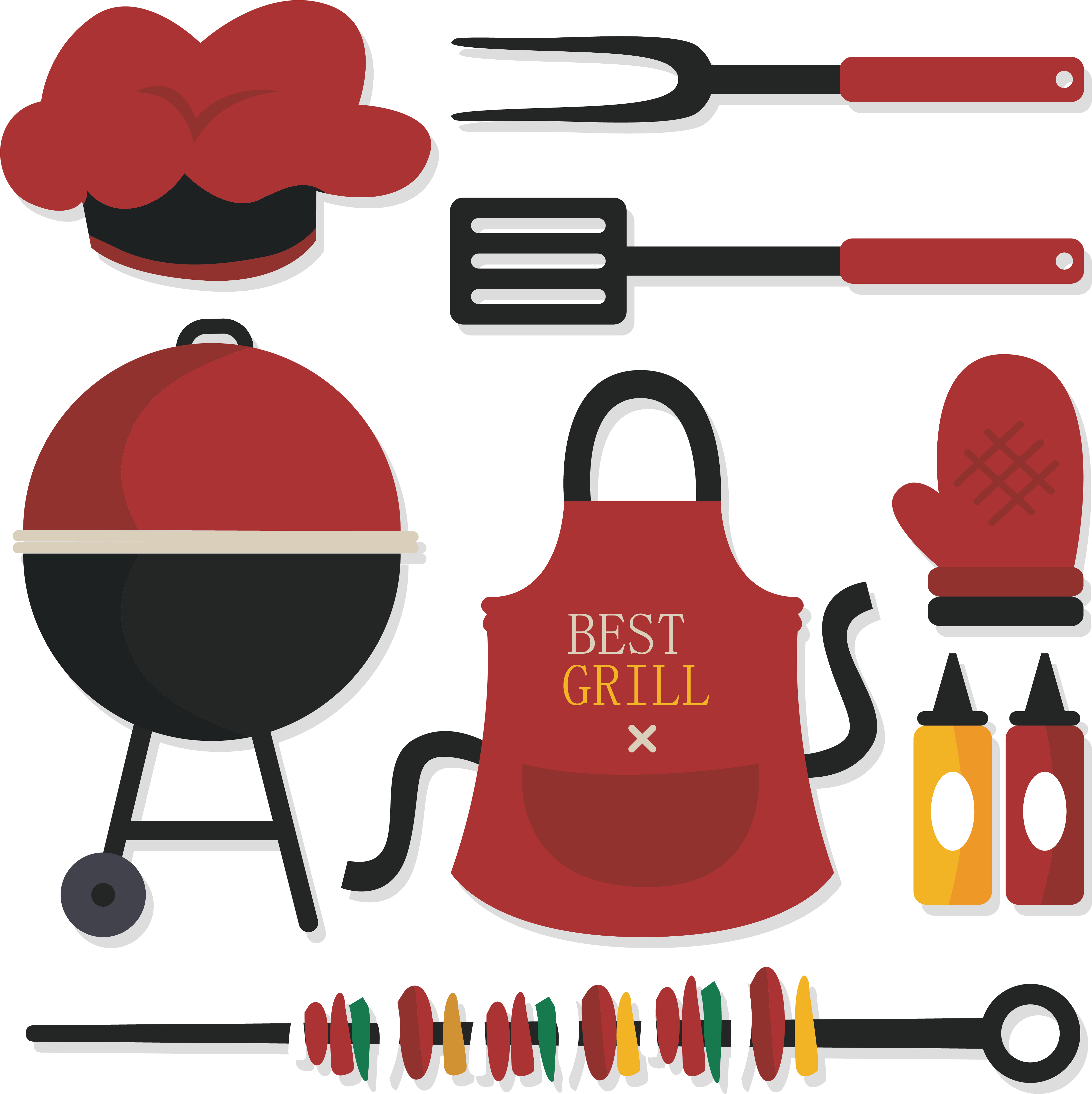 Collection Of Red And Black Barbecue Utensil And Grill Icons PNG Set