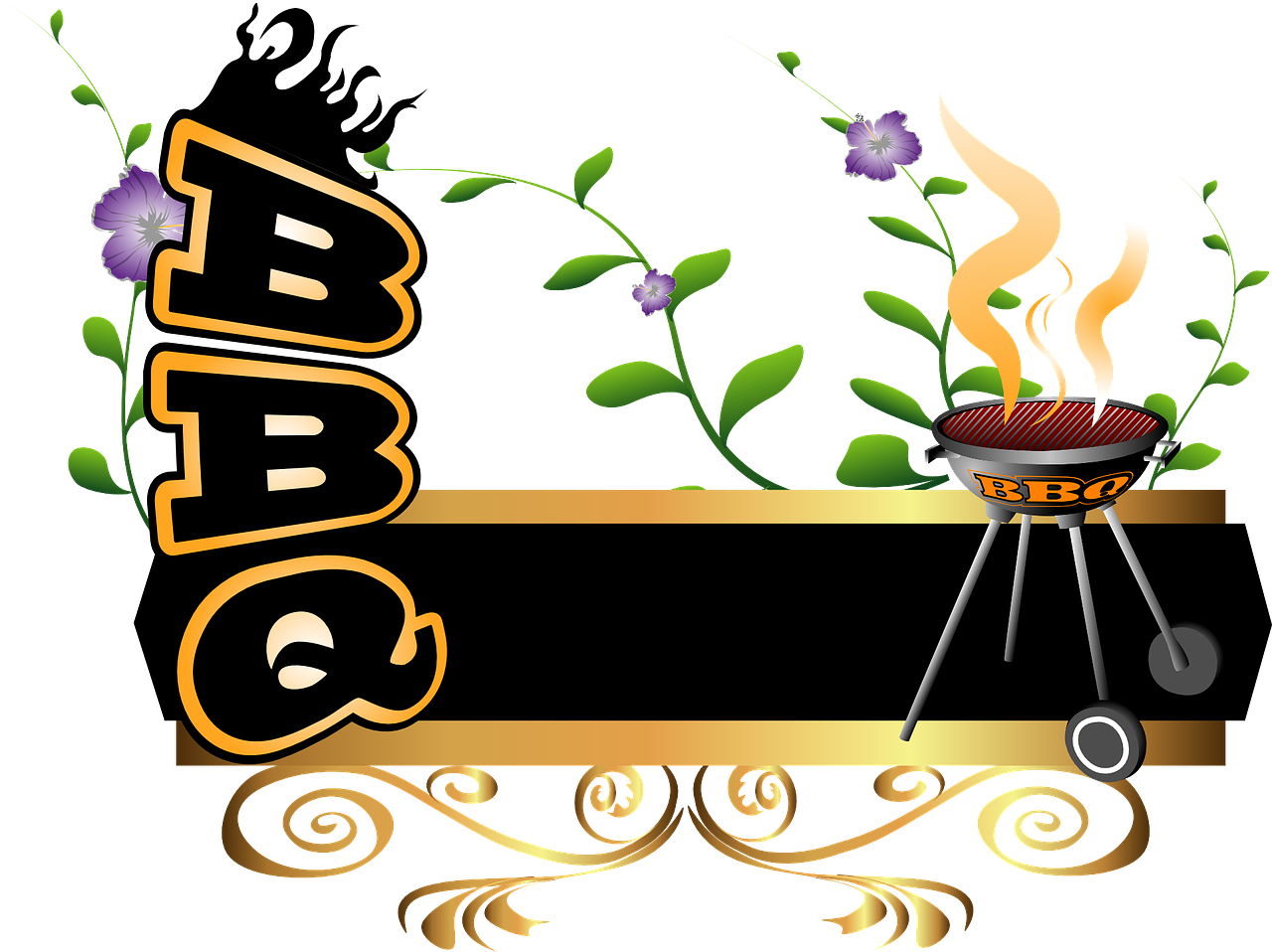 Decorative BBQ Sign With Outdoor Grill And Green Herb Sprigs PNG Illustration