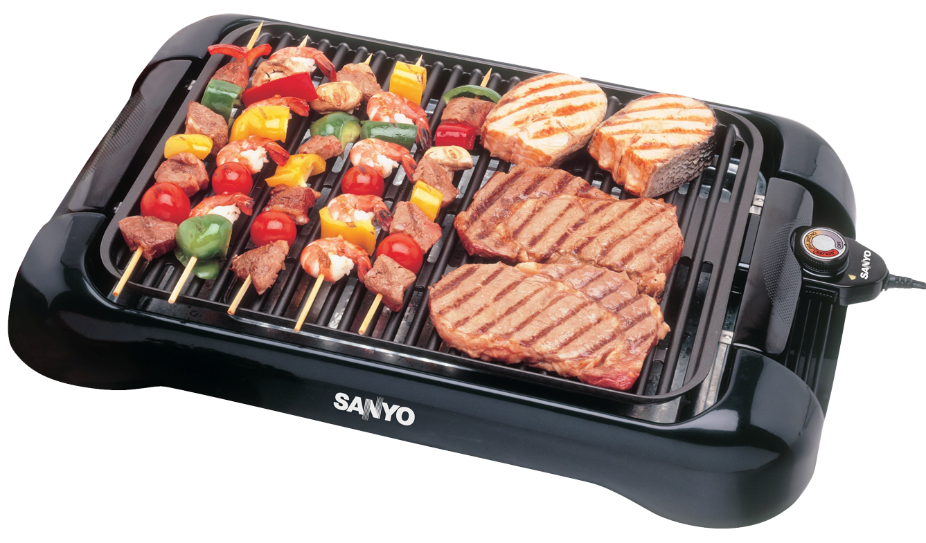 Electric Tabletop Grill With Sausages Kebabs And Burgers PNG Image