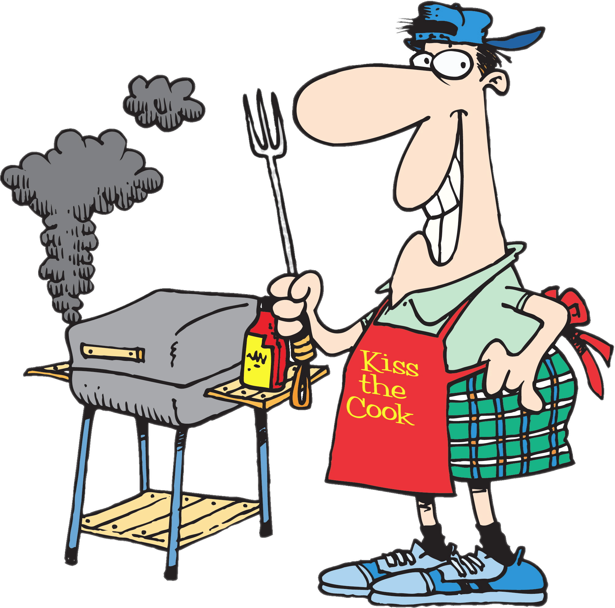Funny Cartoon Barbecue Chef Wearing Apron And Holding Fork PNG Illustration