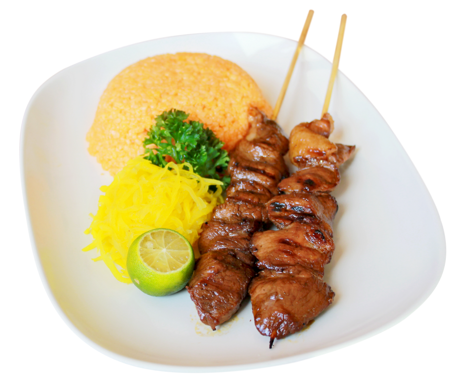 Grilled Chicken Skewers With Rice Salad And Lemon On White Plate PNG