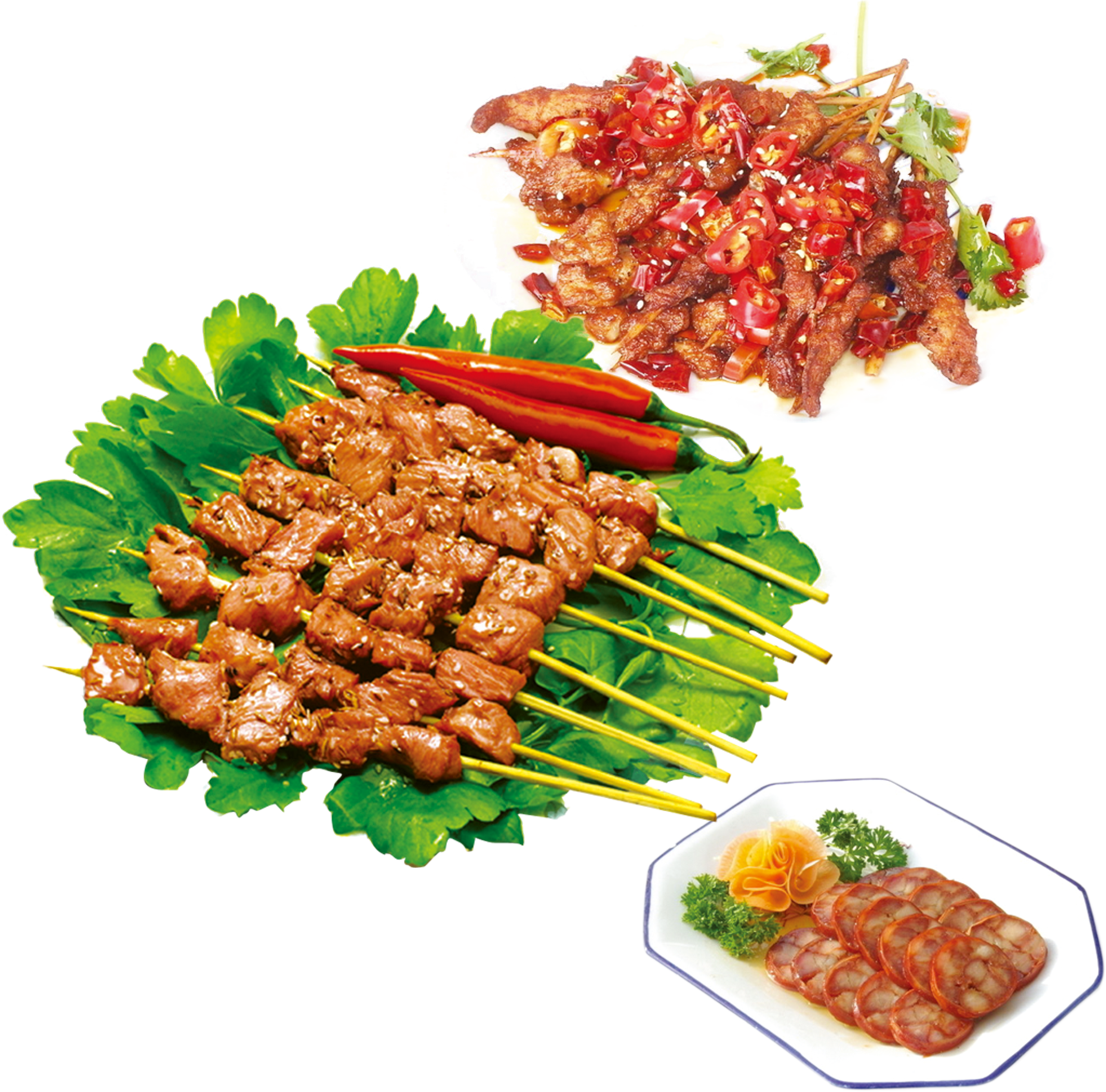 Grilled Meat Skewers With Fresh Herbs And Vegetable Garnish PNG Image