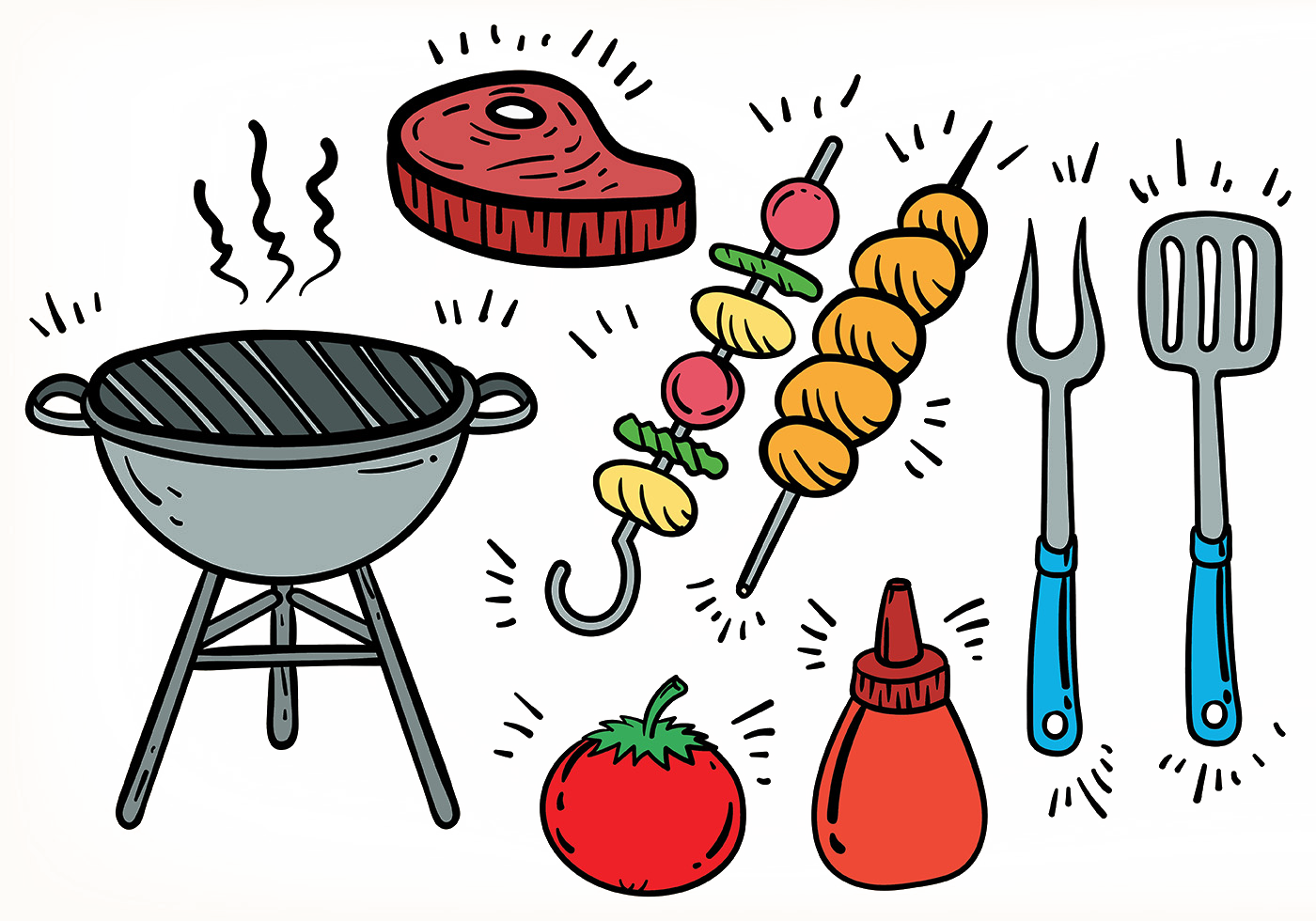 Hand Drawn Barbecue Grill Utensils Skewers And Seasoning Ingredients PNG