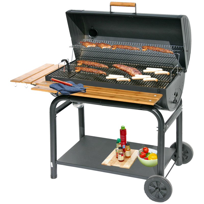 Outdoor Gas Barbecue Grill Cart With Open Hood And Storage Shelves PNG