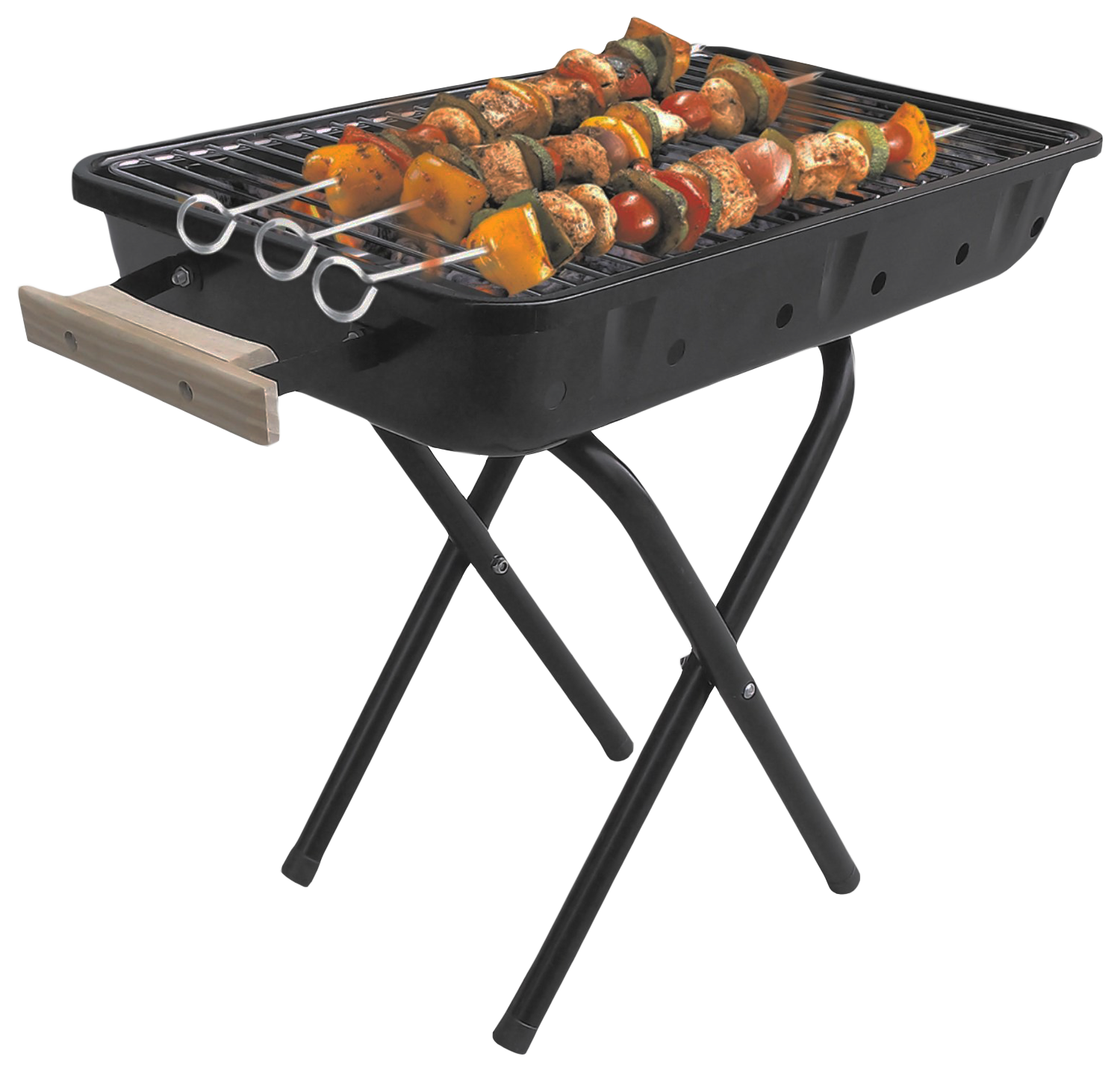 Portable Rectangular Charcoal Grill On Folding Stand With Skewers PNG