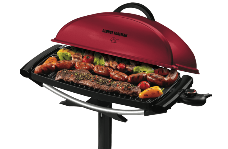 Red Electric Barbecue Grill With Domed Lid And Food On Grate PNG Product