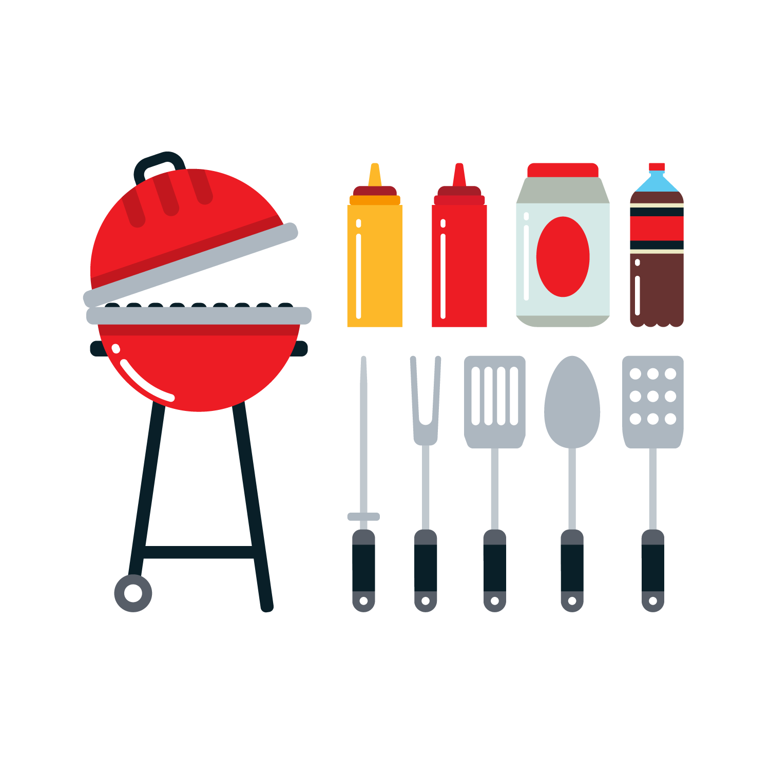 Red Kettle Grill Barbecue Set With Condiments And Cooking Utensils PNG Image