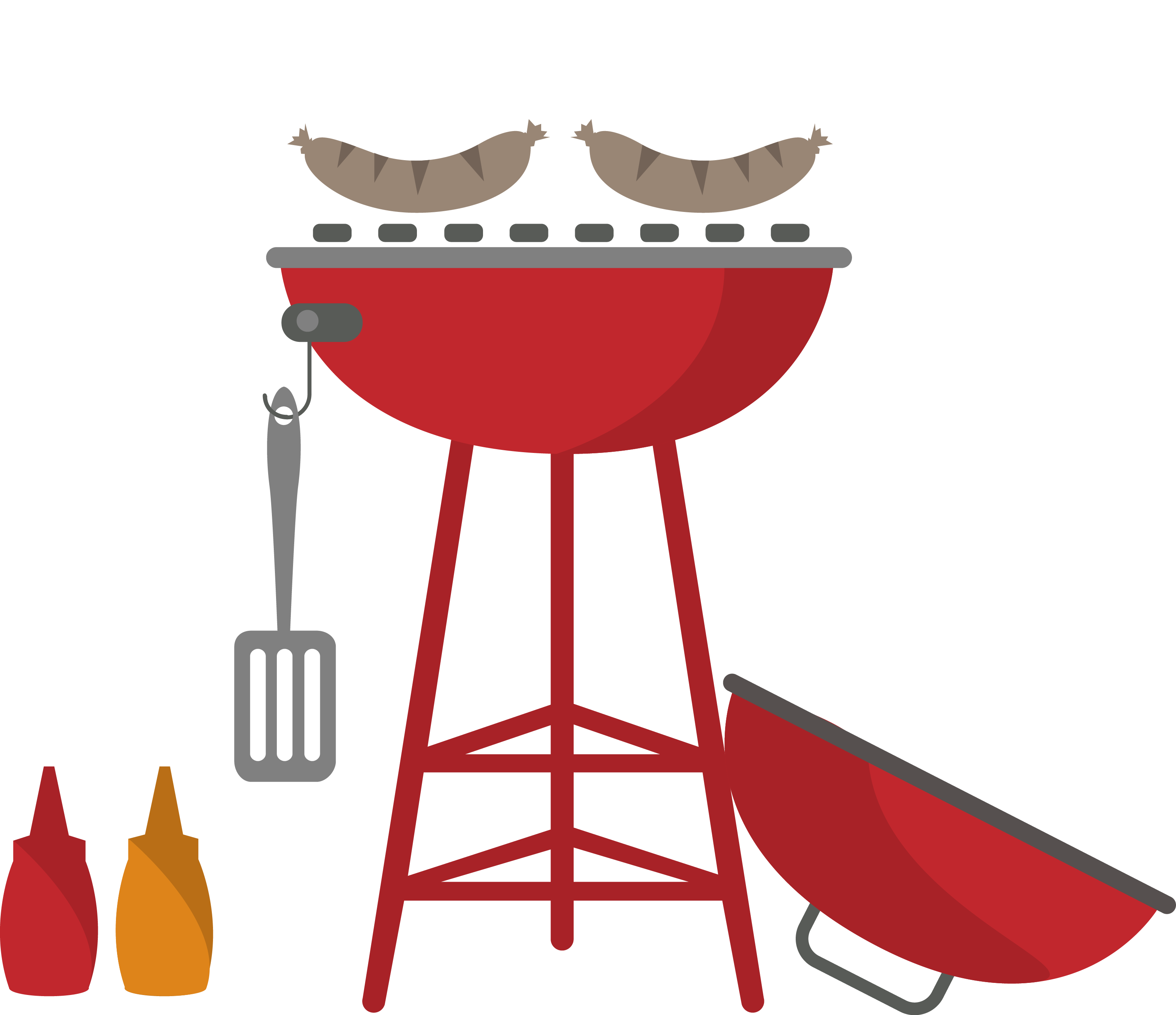 Red Outdoor Barbecue Grill With Spatula Sauce Bottles And Charcoal PNG