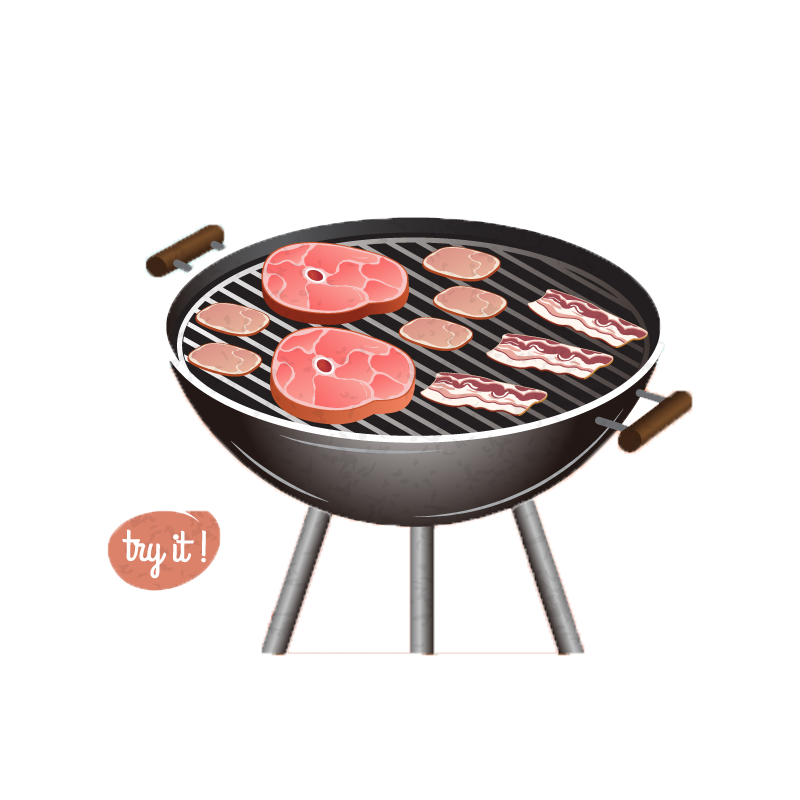 Round Charcoal Grill With Grilled Meat And Outdoor Barbecue Accessories PNG