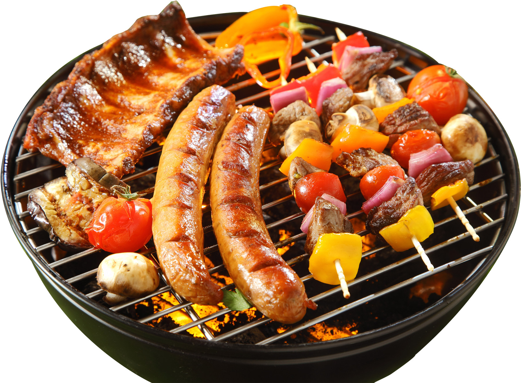 Round Grill Platter With Sausages Shrimp And Colorful Vegetable Skewers PNG Image