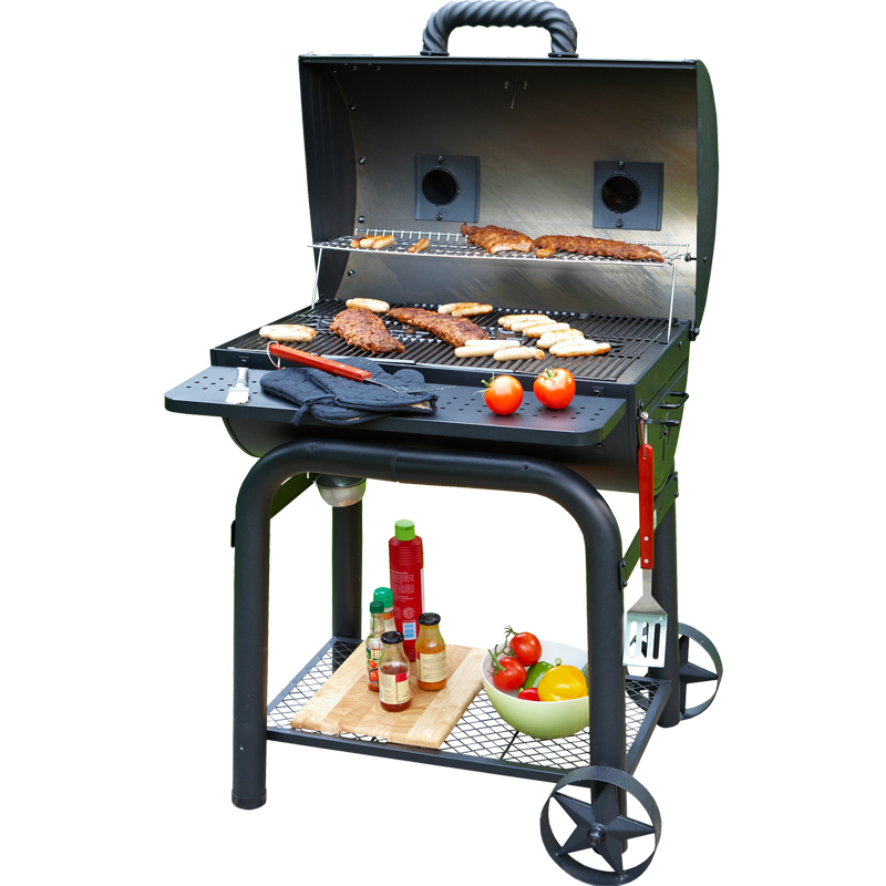 Stainless Steel Outdoor Gas Grill Cart With Open Lid And Side Shelves PNG
