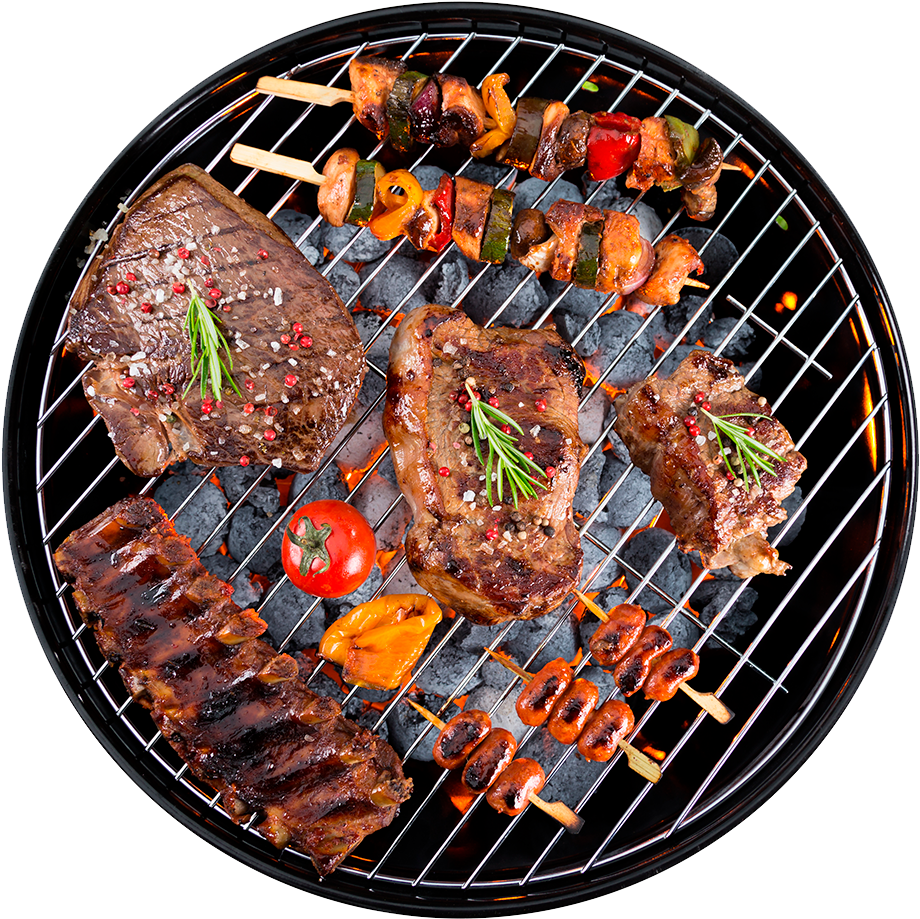 Top View Round Grill Loaded With Steaks Chicken And Vegetables PNG Graphic