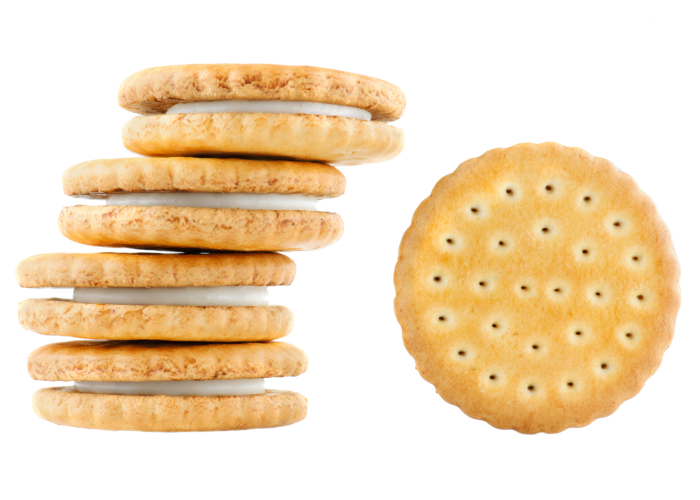 Stack Of Round Golden Crackers With One Perforated Biscuit In Front PNG