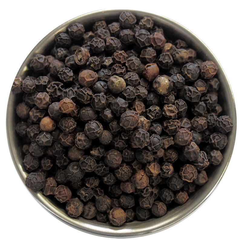 Black Peppercorns Filling A Round White Bowl Viewed From Above PNG