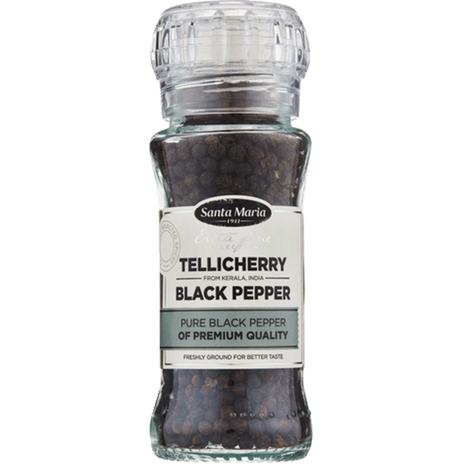 Clear Glass Whole Black Pepper Grinder Bottle With Silver Cap PNG Product Graphic