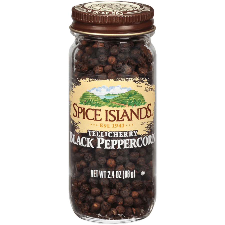 Glass Jar Of Whole Black Peppercorns With Brown Spice Lid PNG Product Image