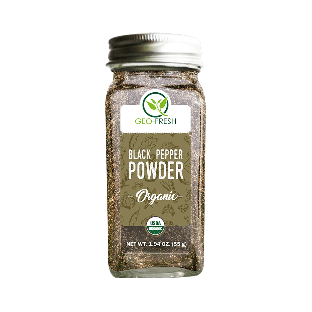Organic Black Pepper Powder In Clear Spice Jar With Green Label PNG Image