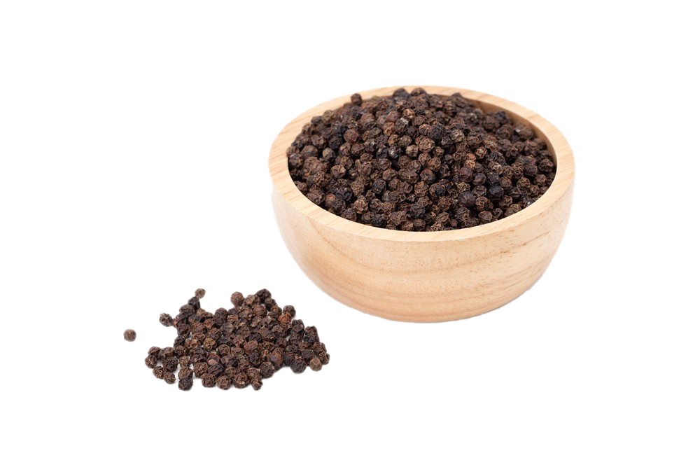 Small Wooden Pepper Bowl With Ground Pepper And Whole Peppercorns PNG Image