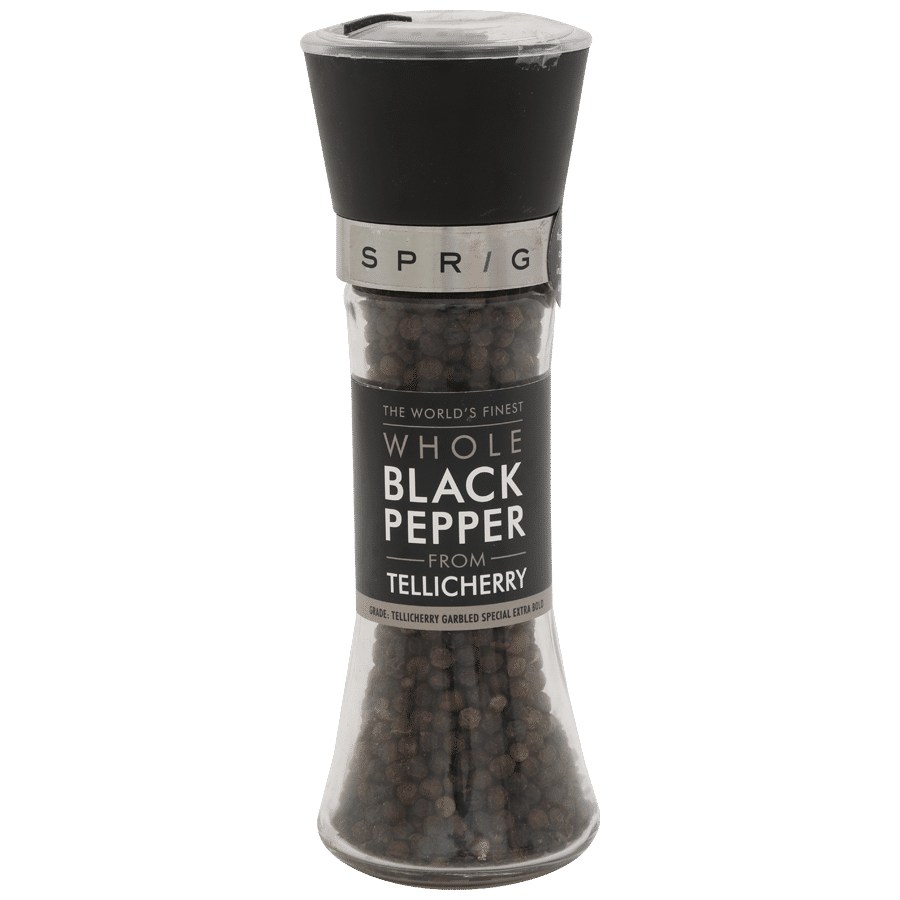 Tall Clear Black Pepper Grinder With Whole Peppercorns Inside PNG Product Image