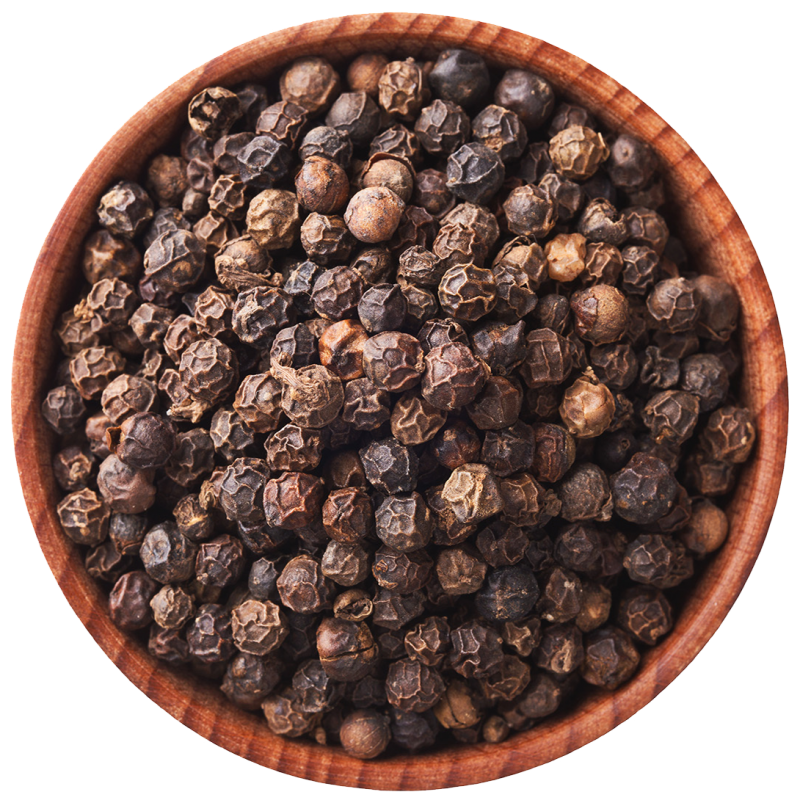 Top View Of Whole Black Peppercorns In A Round Wooden Bowl Transparent PNG