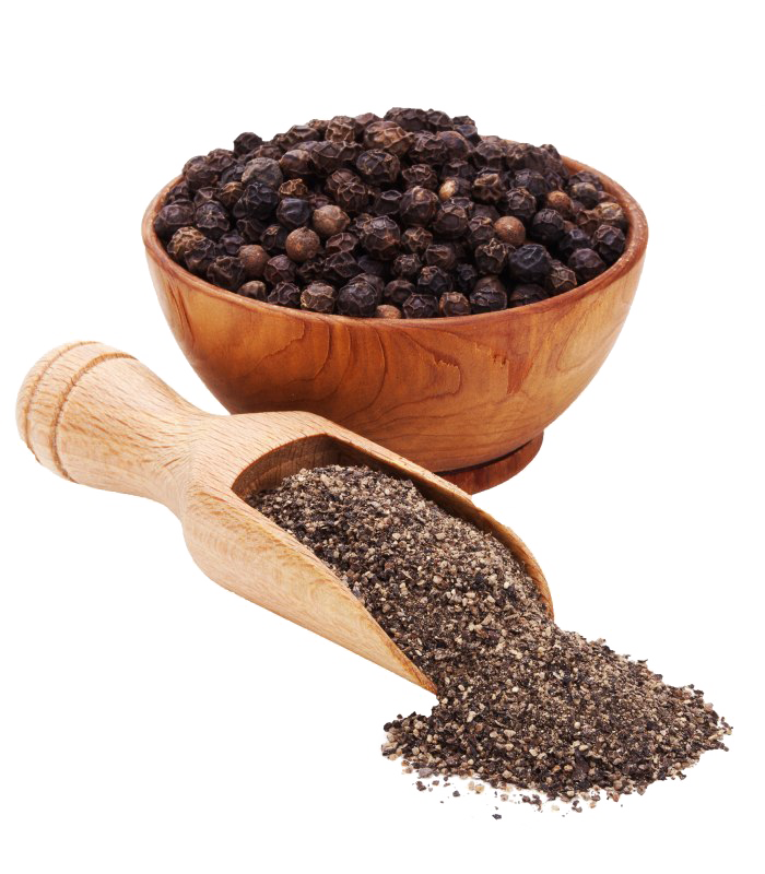 Wooden Bowl And Scoop Filled With Whole Black Peppercorns PNG Image
