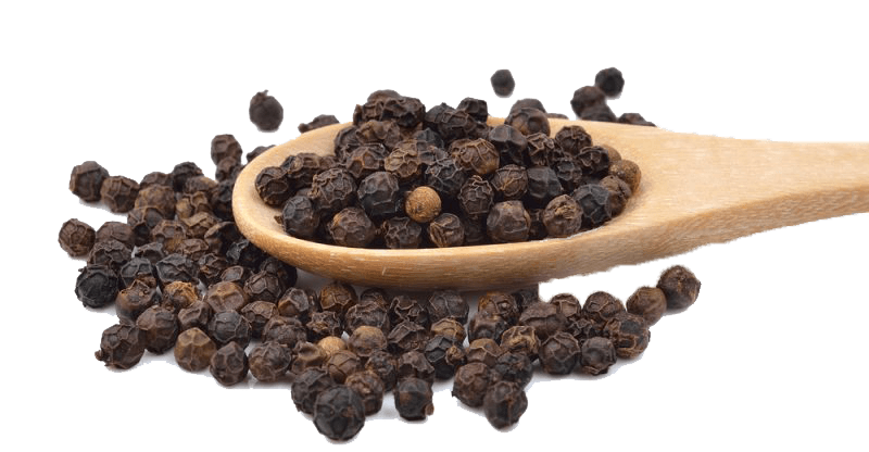 Wooden Spoon Carrying Whole Black Peppercorns With Spilled Spices PNG