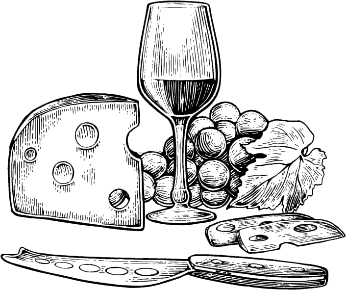 Black And White Cheese Board With Grapes Crackers And Wine Glass PNG Illustration