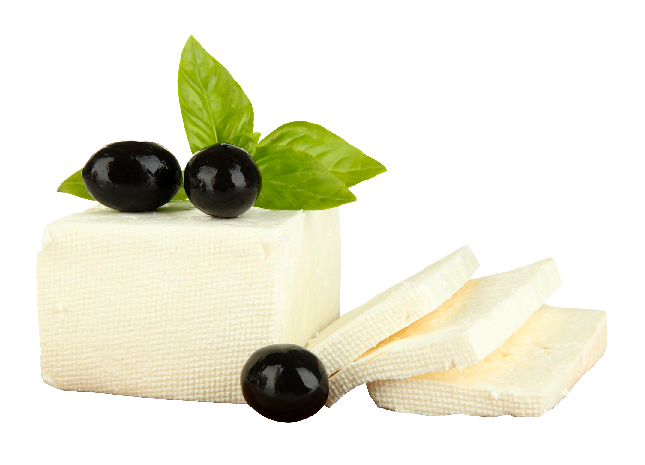 Soft White Cheese Block With Basil Leaves And Black Olives PNG Image
