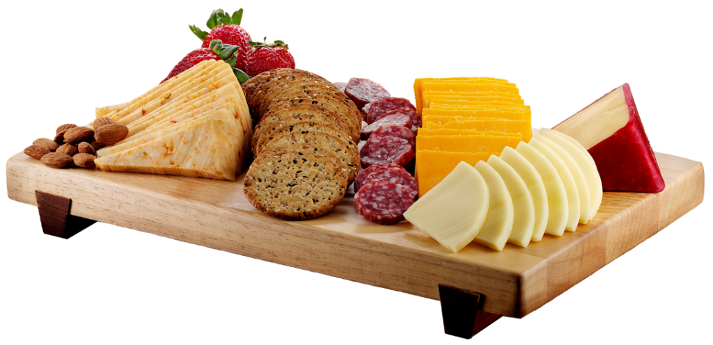 Wooden Cheese Board With Assorted Cheese Crackers And Salami PNG Image