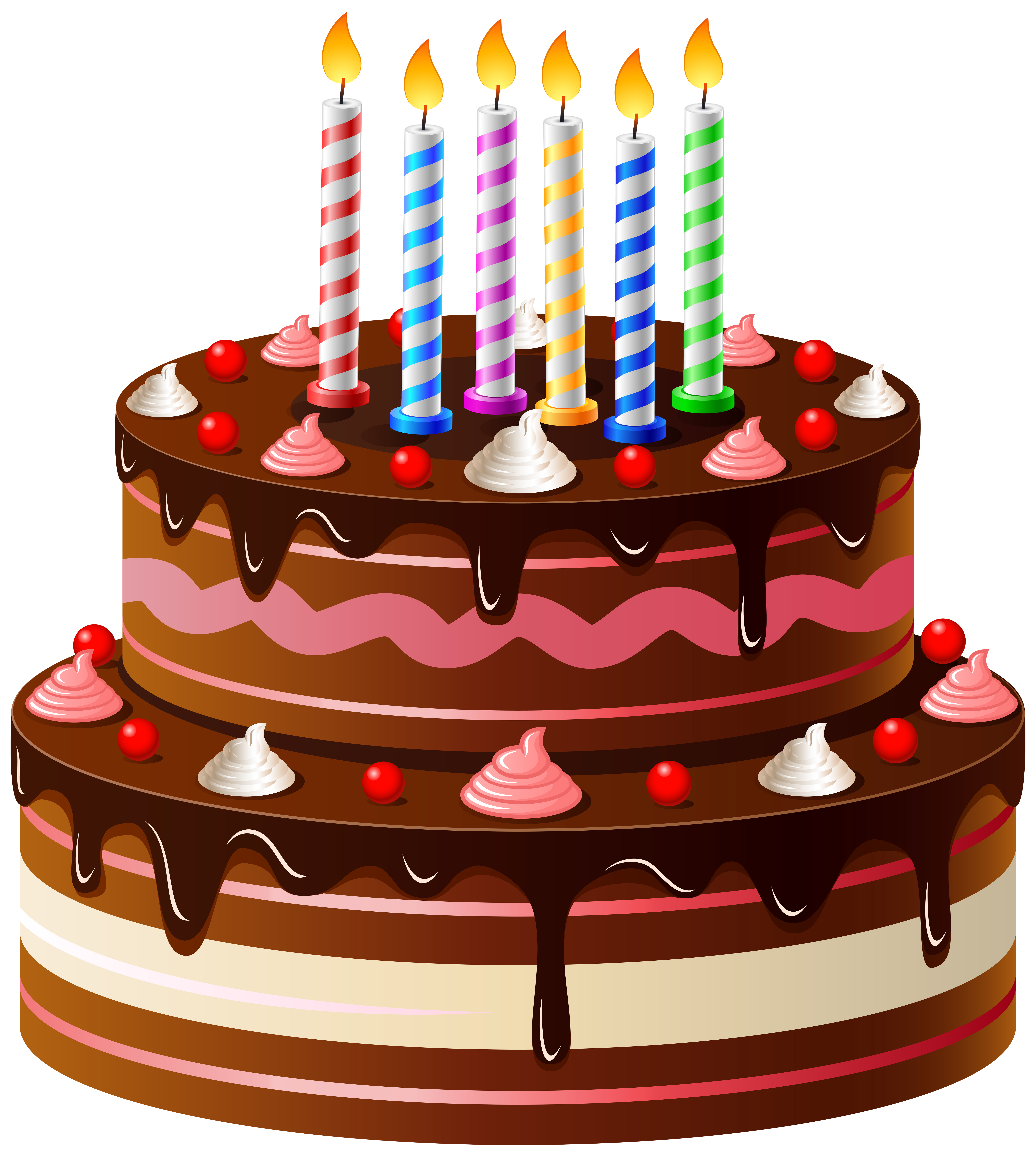 Chocolate Birthday Drip Cake With Colorful Candles And Layered Frosting PNG Image
