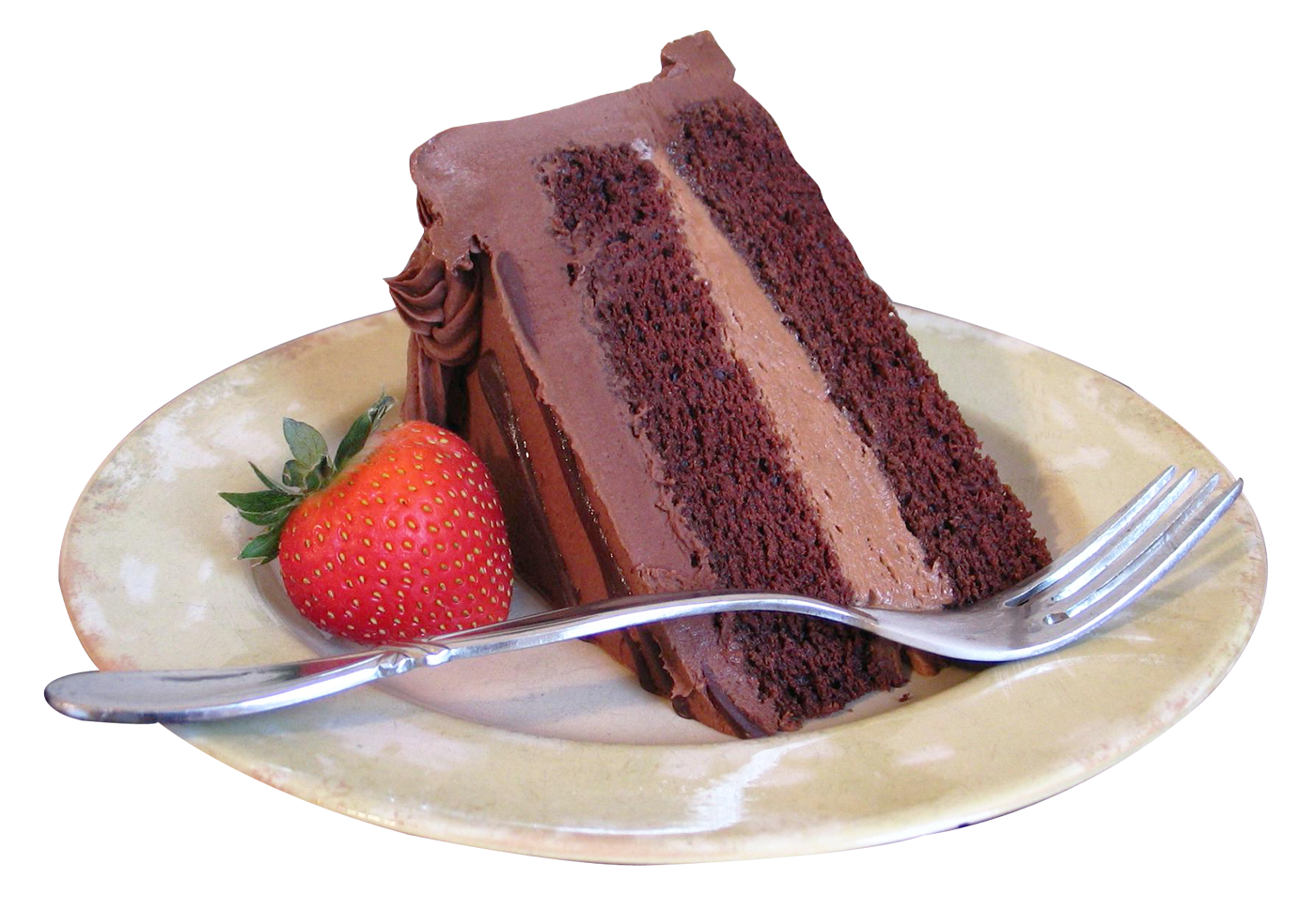 Chocolate Cake Slice With Pink Cream Filling And Fresh Strawberry PNG Image