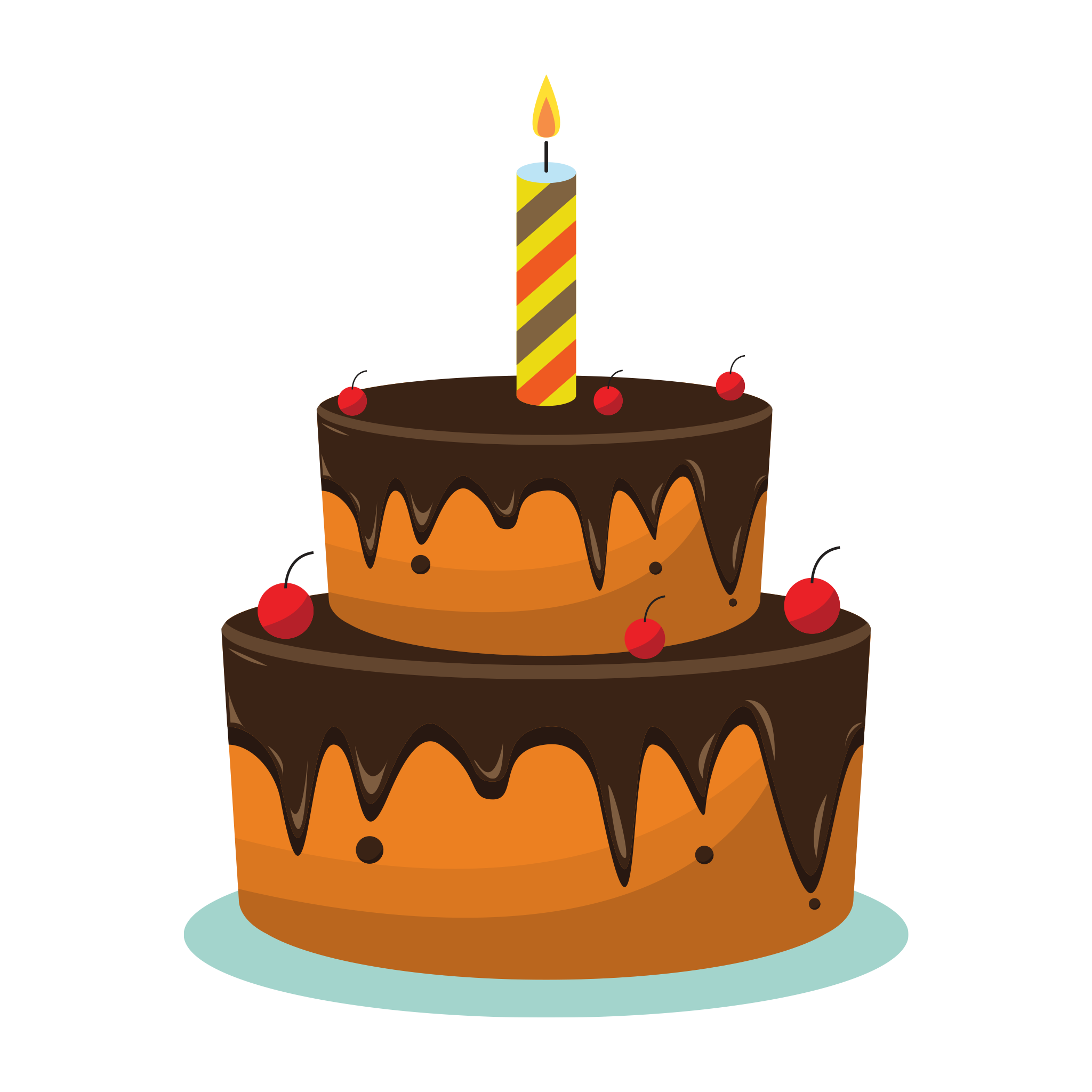 Cute Cartoon Chocolate Cake With Orange Icing And Single Candle PNG Illustration