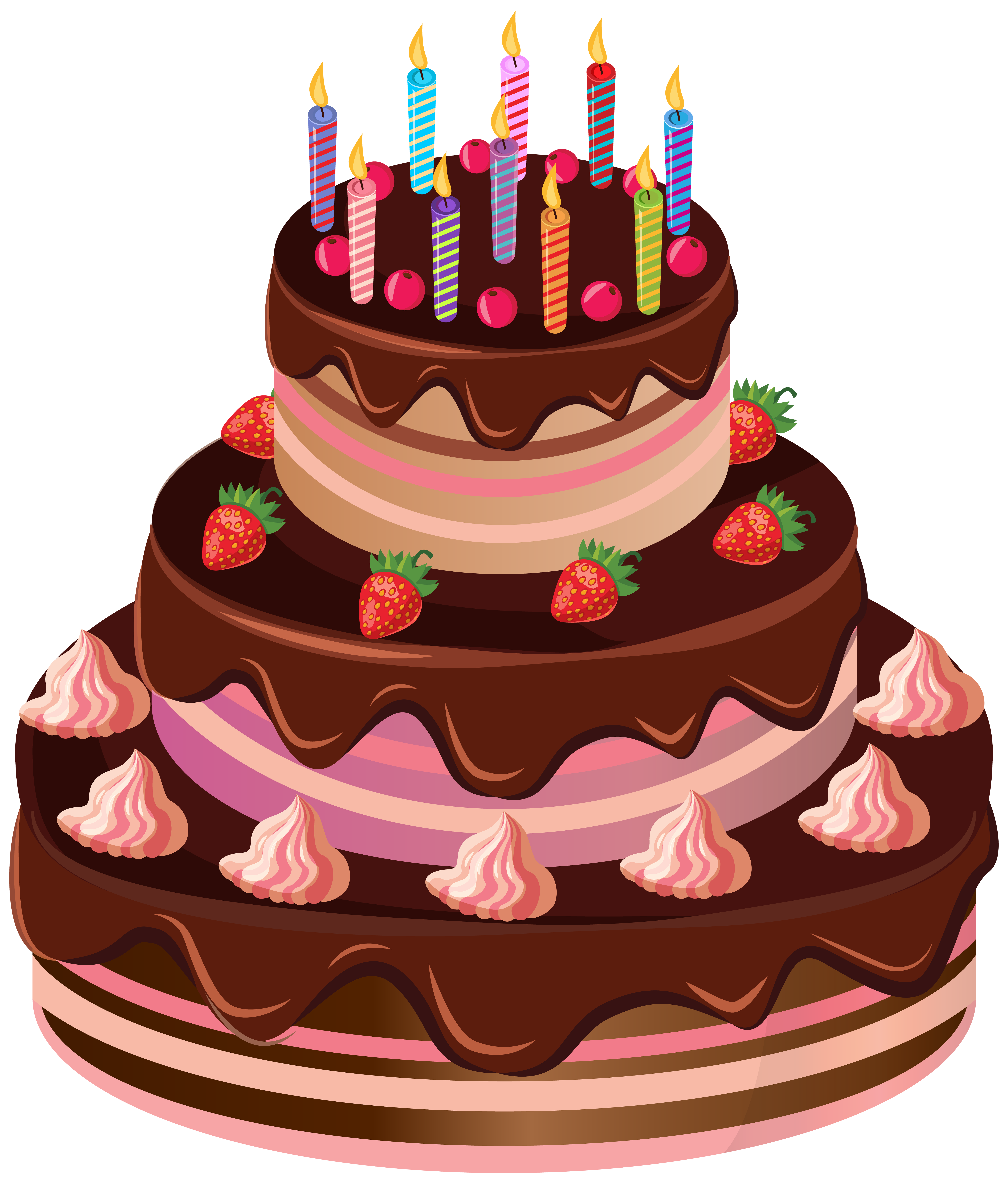 Cute Cartoon Layered Chocolate Cake With Strawberries And Candles PNG Illustration