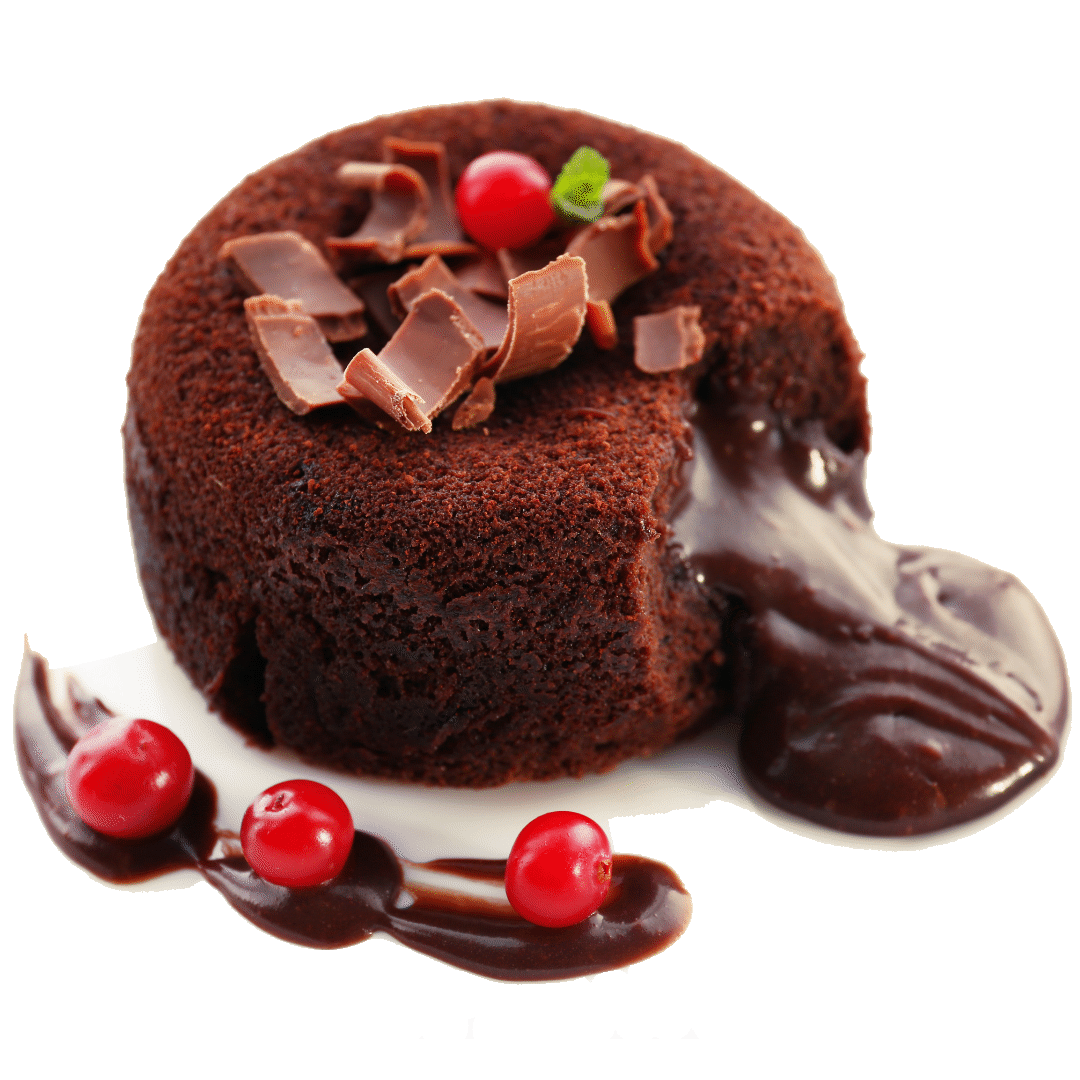 Individual Chocolate Lava Cake With Glossy Ganache And Red Cherry PNG Image