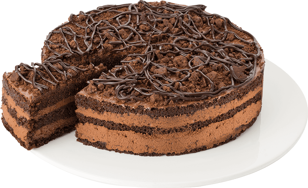 Round Chocolate Cake With Chocolate Curls And One Slice Removed PNG Image