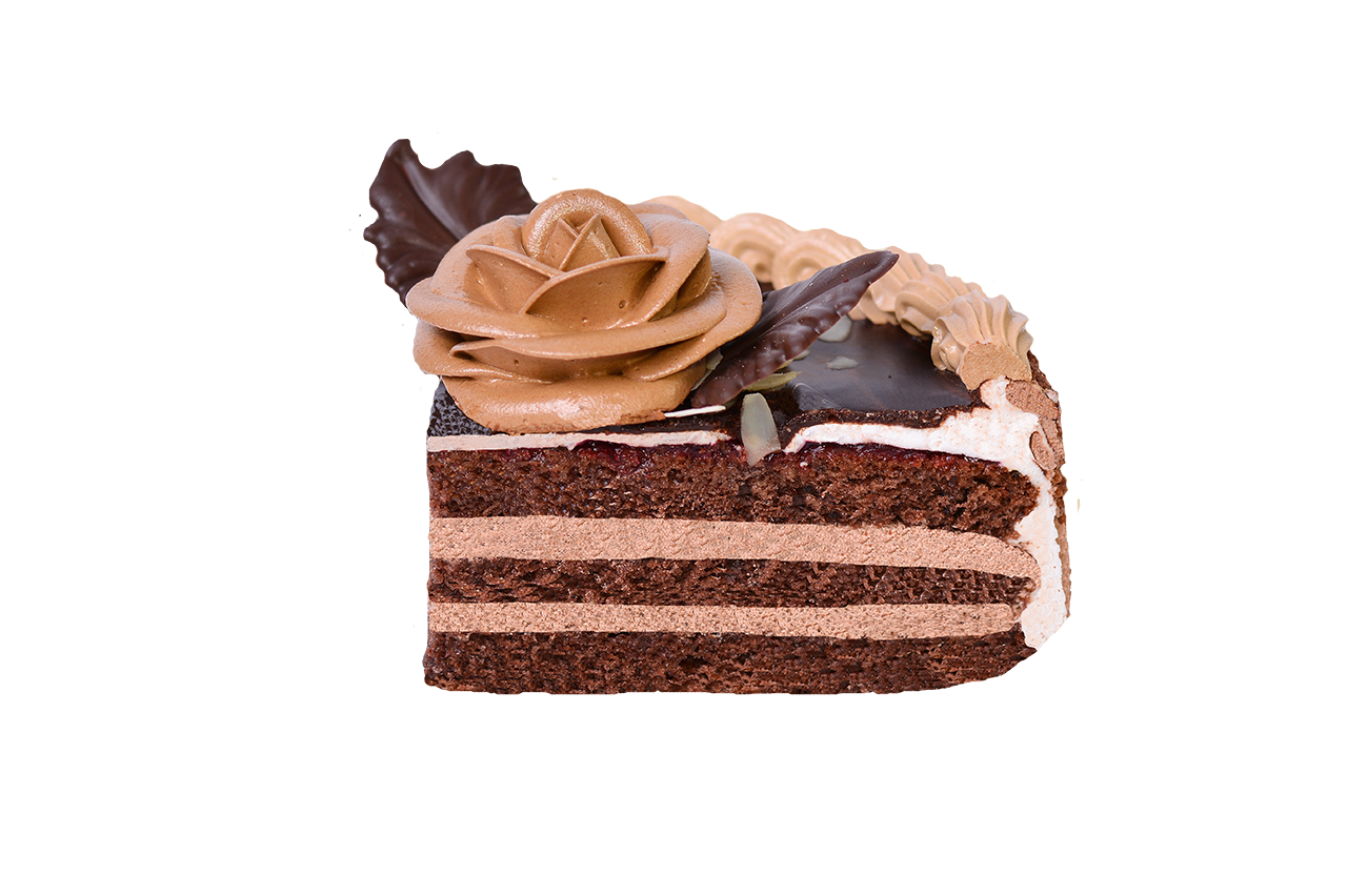 Slice Of Layered Chocolate Cake Topped With Chocolate Rose Decoration PNG