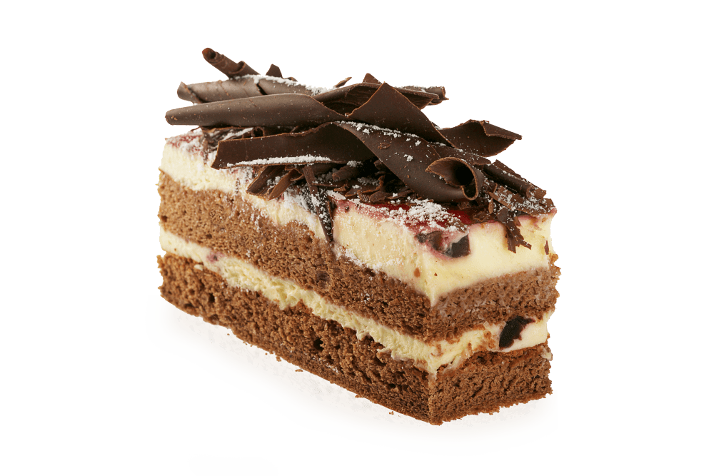 Square Chocolate Cake Slice With Cream Layers And Shaved Chocolate PNG Graphic