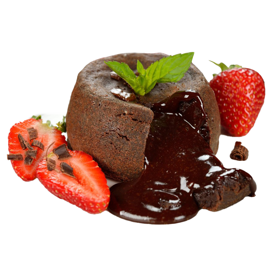 Warm Molten Chocolate Lava Cake With Strawberries And Mint Leaves PNG Image