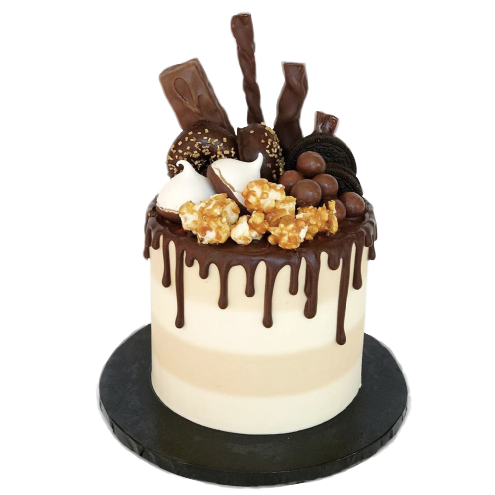 White Frosted Cake With Chocolate Drizzle Chocolate Sticks And Truffle Topping PNG