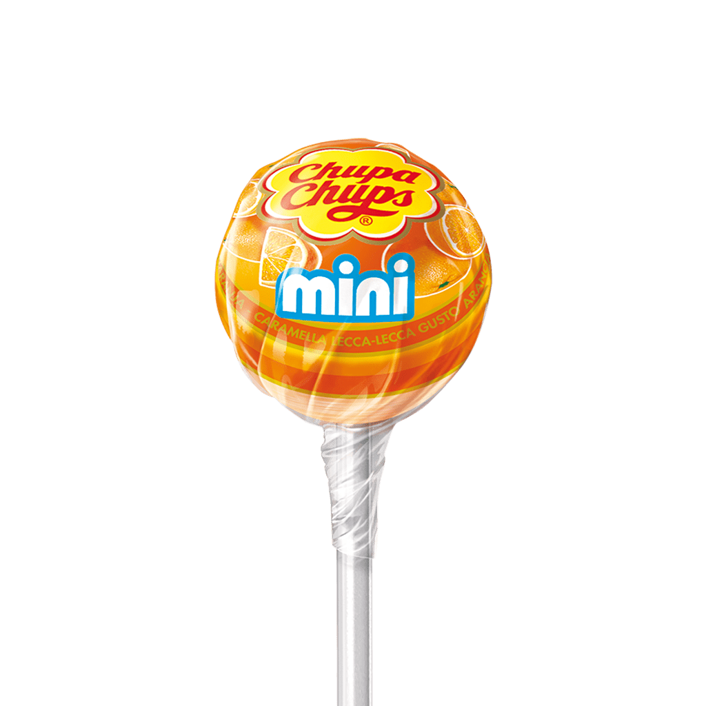 Chupa Chups Mini Orange Lollipop With Yellow Label And White Stick PNG Image