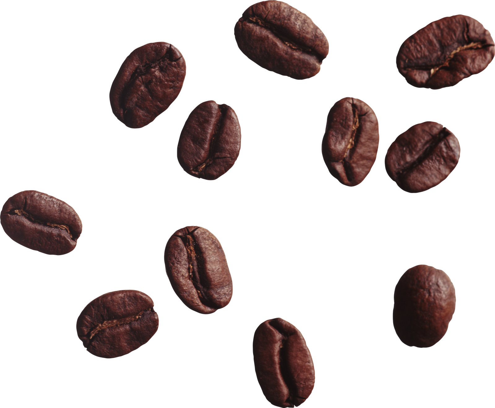 Scattered Dark Roasted Coffee Beans Isolated On White PNG Image