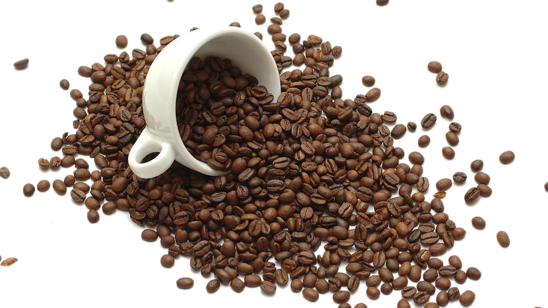White Coffee Cup Spilling Beans Across The Table PNG Illustration
